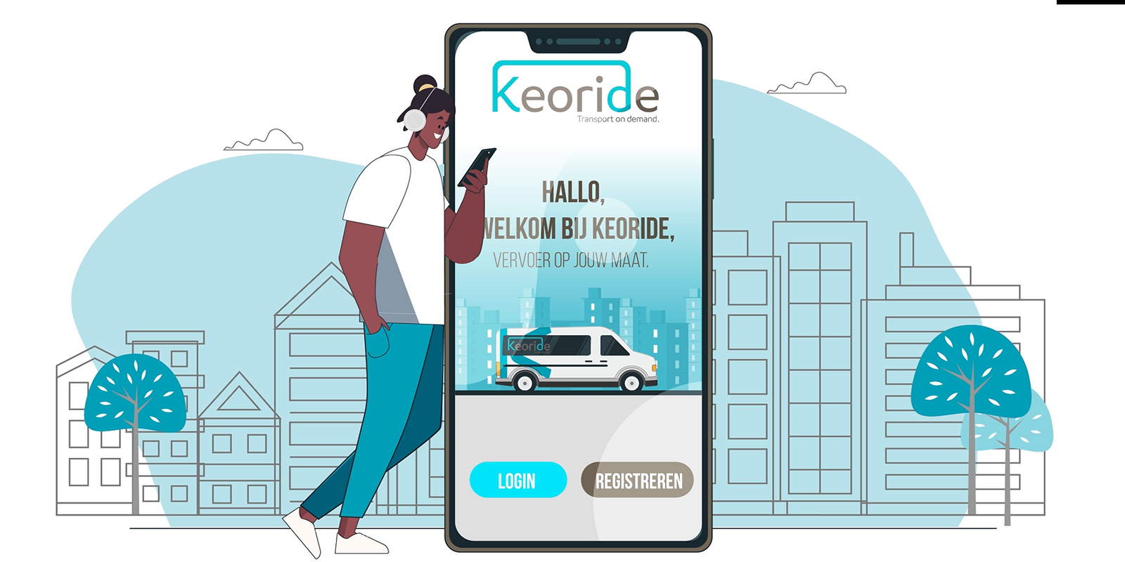 KeoRide-gebruiker die naast een grote telefoon staat, waarop de applicatie KeoRide getoond wordt.